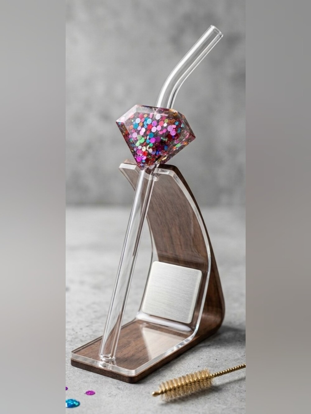 Chunky Glitter Resin Diamond Straw Topper & Glass Straw Set